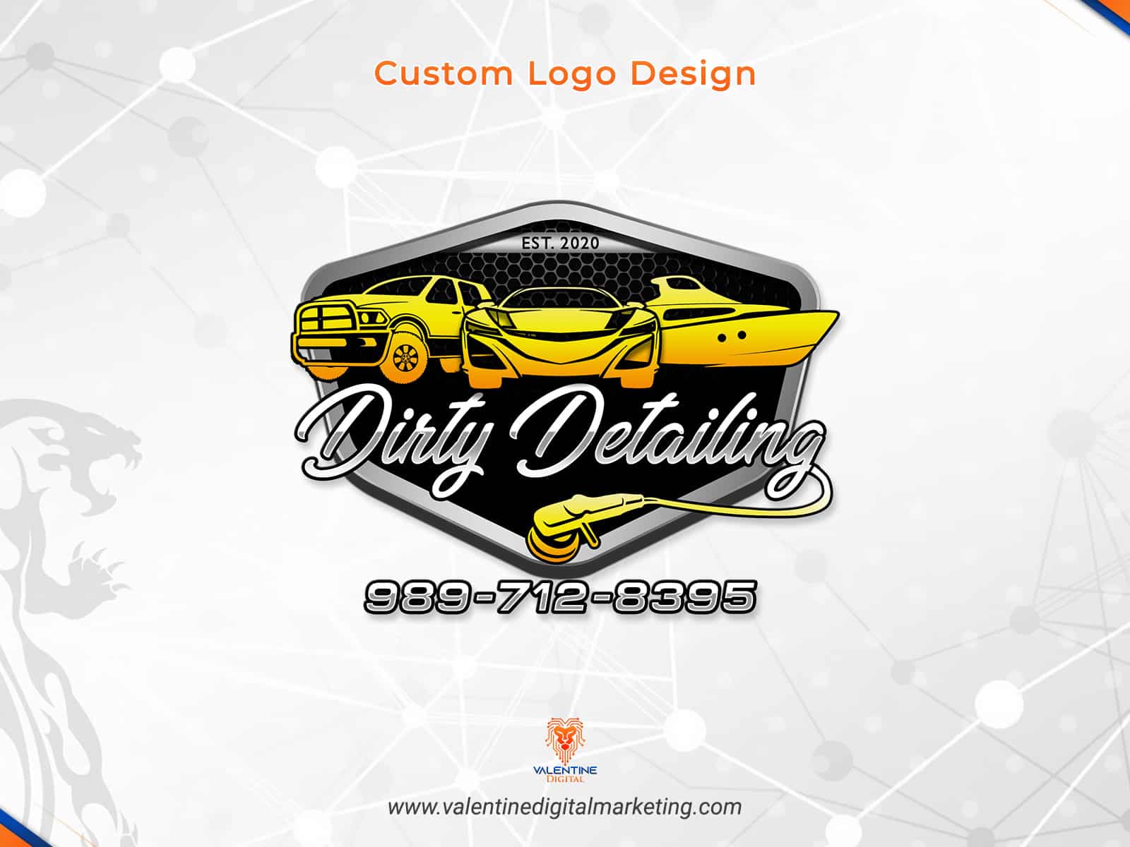 Custom logo design for Dirty Detailing featuring a truck and boat, with contact number 989-712-8395, emphasizing graphic design services by Valentine Digital Marketing.