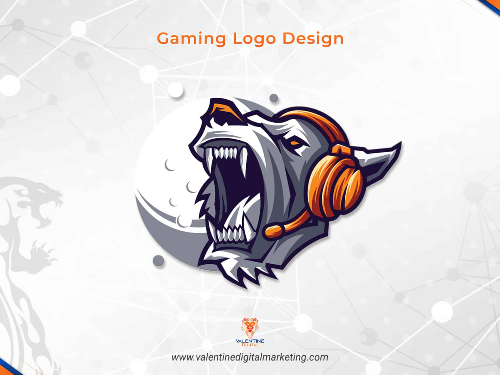 Gaming logo design featuring a fierce wolf with headphones, showcasing a modern and dynamic aesthetic, relevant to digital marketing services in graphic design.