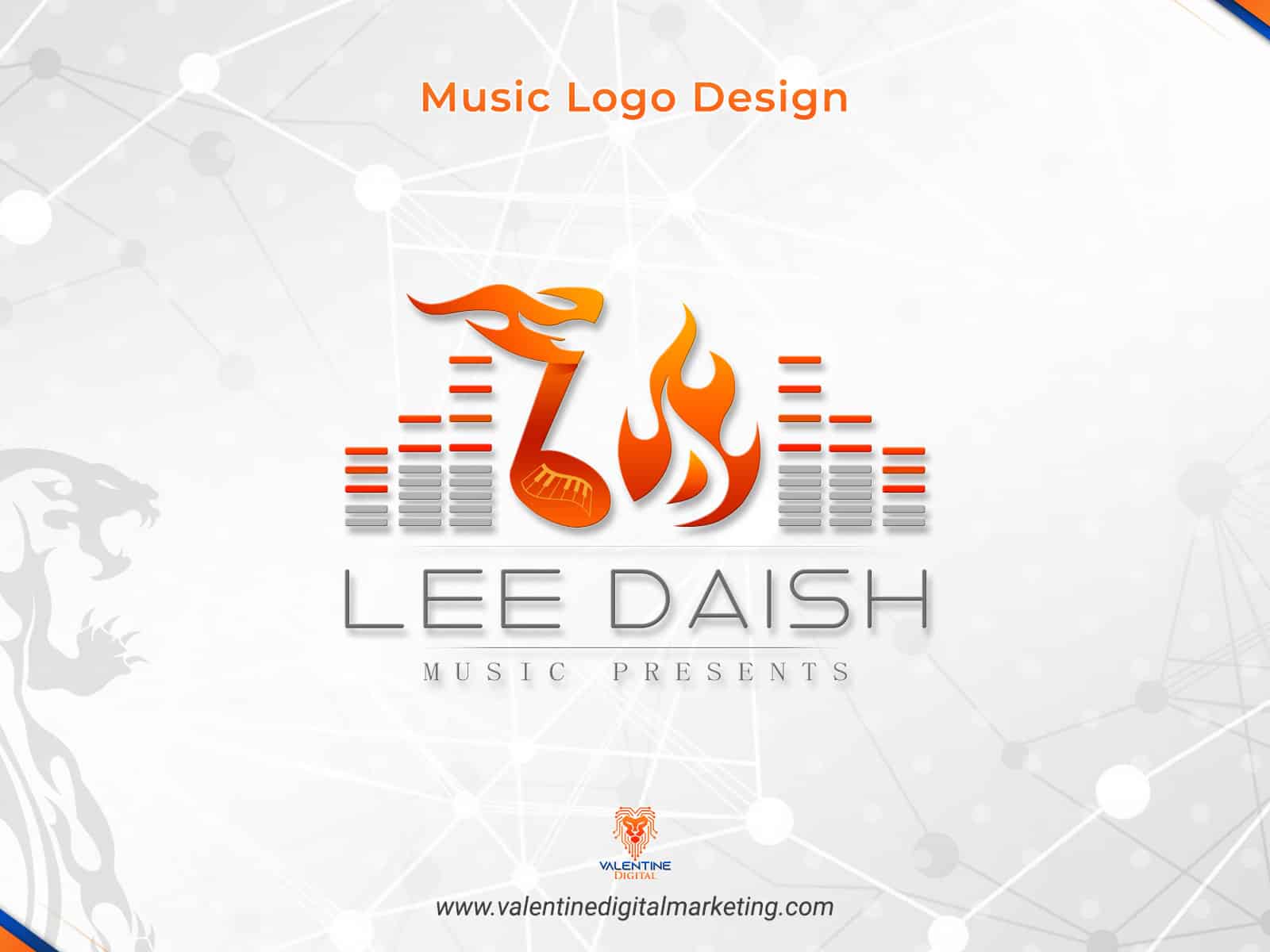 Music logo design featuring "Lee Daish" with sound wave graphics and flame elements, representing the music industry.