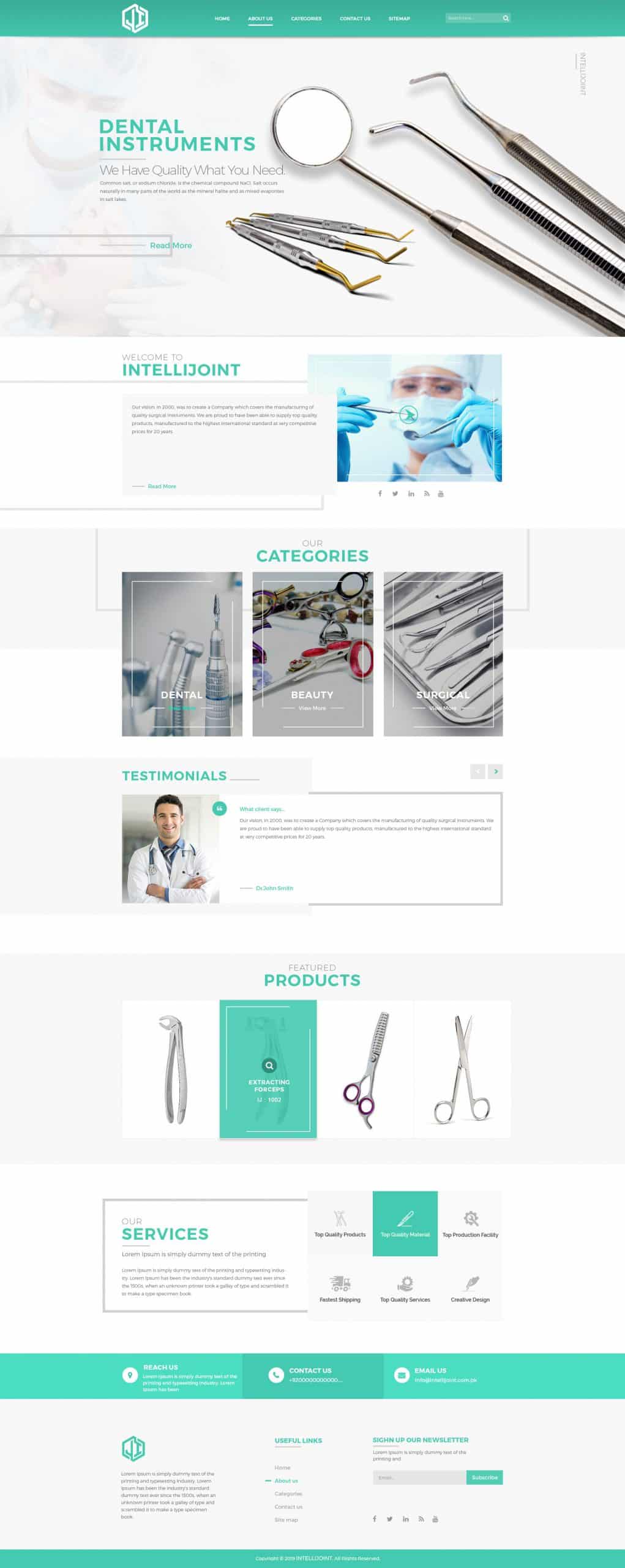 Surgical instruments displayed prominently on a dental website, emphasizing quality and variety in surgical tools.