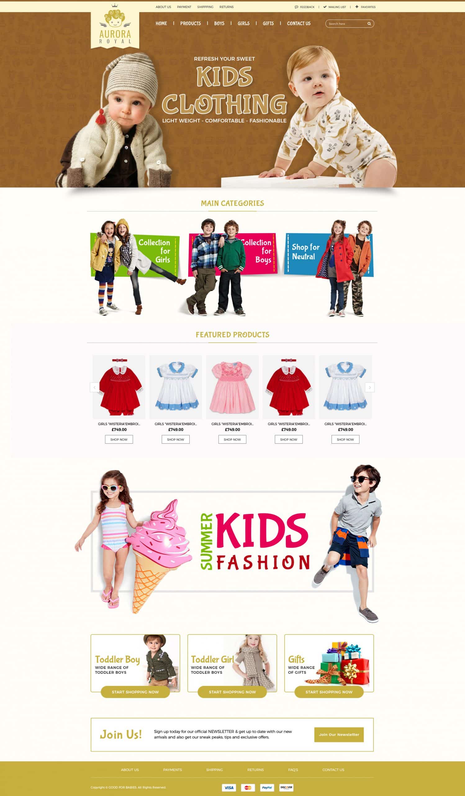 Baby clothing display featuring lightweight, comfortable, and fashionable outfits for infants, promoting a kids' clothing website.