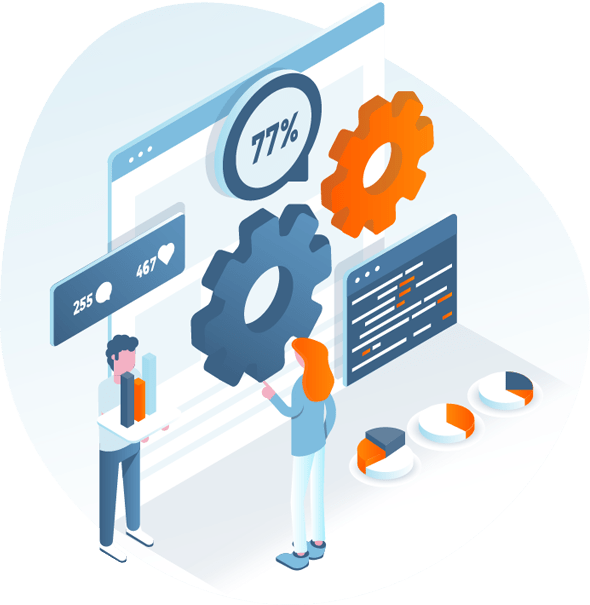 Illustration of two individuals analyzing website performance metrics, featuring gears, charts, and a percentage indicator, symbolizing SEO audit elements and digital marketing insights.