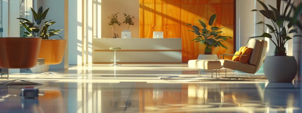 Brightly lit modern office reception area with stylish seating, potted plants, and a minimalist desk, emphasizing accessibility and user-friendly design.