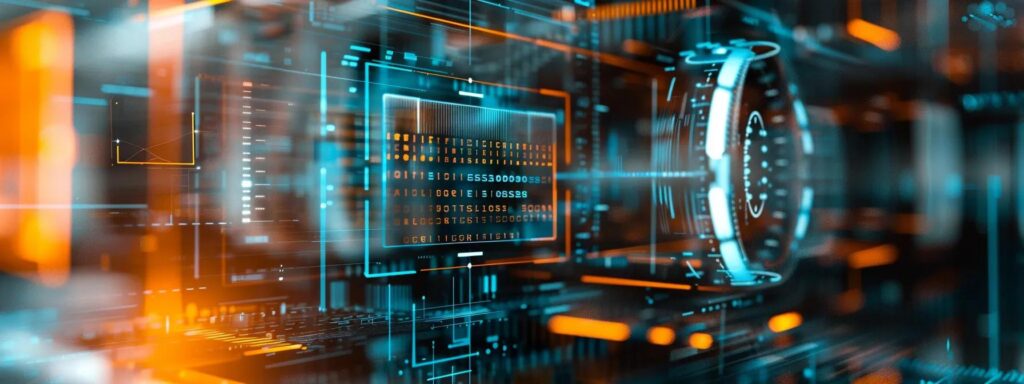 Futuristic digital interface with glowing blue and orange elements, showcasing data visualization and technology, relevant to user experience design and modern interactive systems.