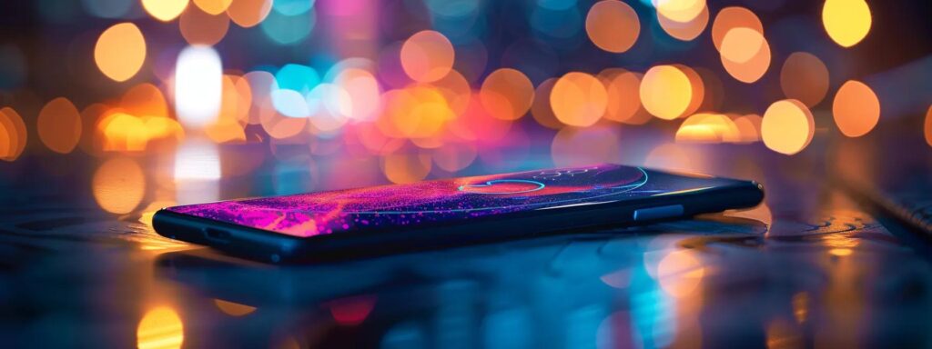 Smartphone displaying vibrant, colorful graphics on a reflective surface with blurred bokeh lights in the background, emphasizing modern digital aesthetics and user engagement.