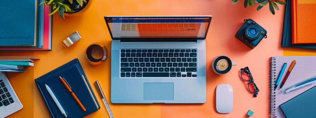 Flat lay of a laptop, coffee cup, notepads, pens, and a camera on a vibrant orange desk, symbolizing mobile-first design strategies and digital marketing resources.