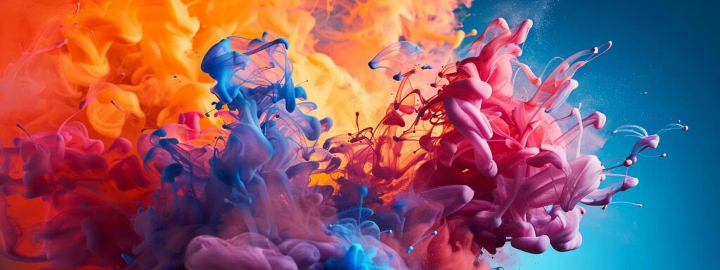 Vibrant abstract swirl of colorful ink blending warm tones of orange and pink with cool shades of blue, illustrating the impact of color theory on user emotions in web design.