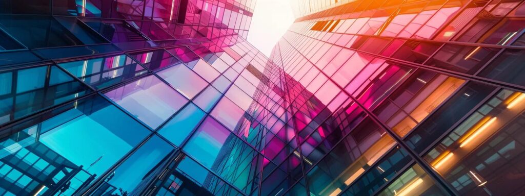 Colorful glass skyscrapers reflecting light, illustrating modern architecture and design principles relevant to web layout and grid systems.