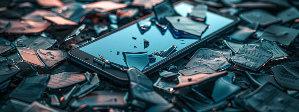 Broken smartphone surrounded by shattered glass, symbolizing failed products and the importance of user feedback in design processes.