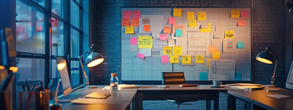 Creative workspace with sticky notes on a wall, design sketches, and a desk with a laptop and lamp, illustrating the importance of user feedback in design processes.
