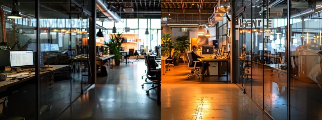 Modern office environment showcasing workstations and collaborative spaces, emphasizing usability and design in digital marketing settings.