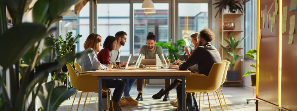 Group of diverse individuals collaborating in a modern workspace, engaging with laptops and surrounded by plants, illustrating user-centered design principles in action.