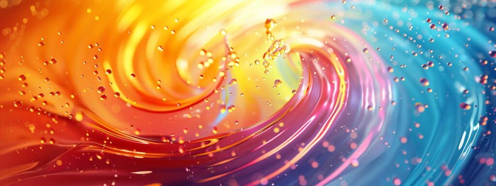 Dynamic swirling colors with water droplets, illustrating engaging loading animations that enhance user experience and brand identity in web design.