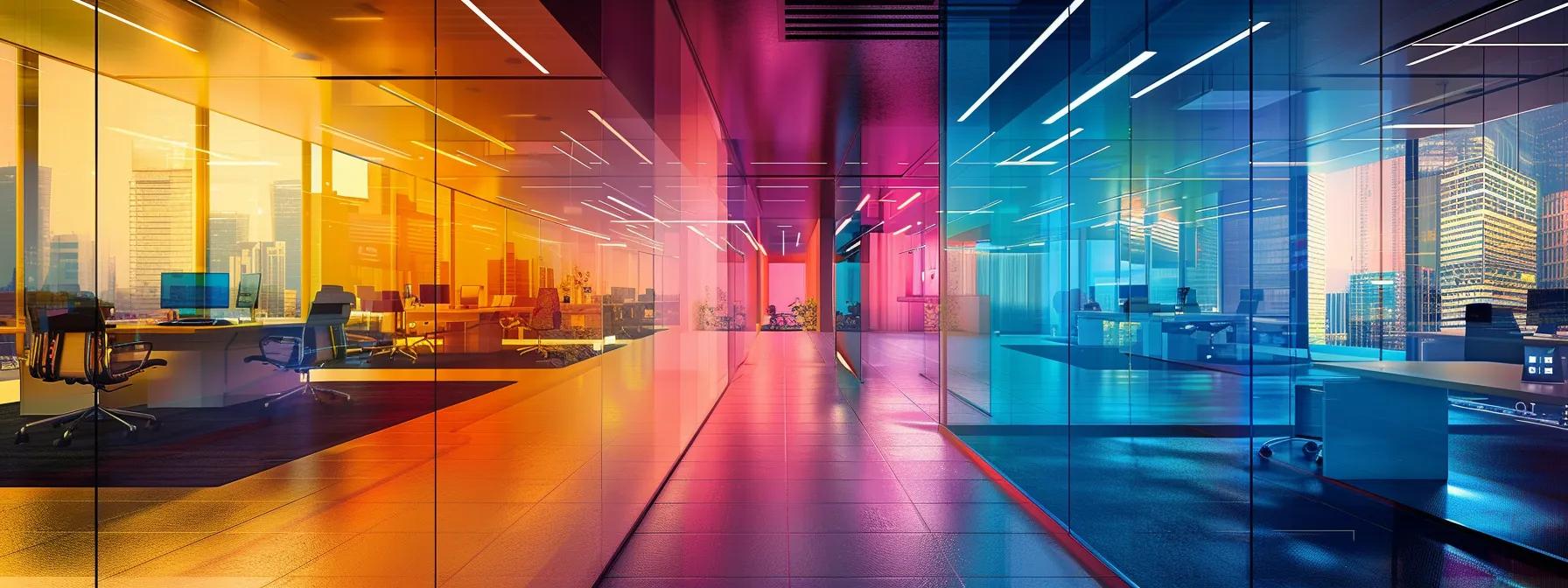 Modern office interior with vibrant colored lighting, glass walls, and city skyline view, illustrating contemporary design trends in digital marketing and web development.