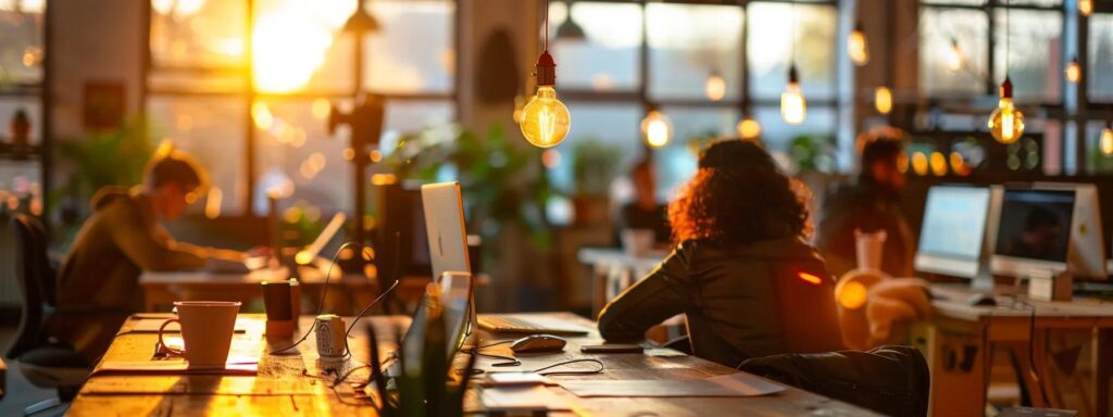 Warmly lit coworking space with individuals engaged in work, showcasing a collaborative environment ideal for local website design services.