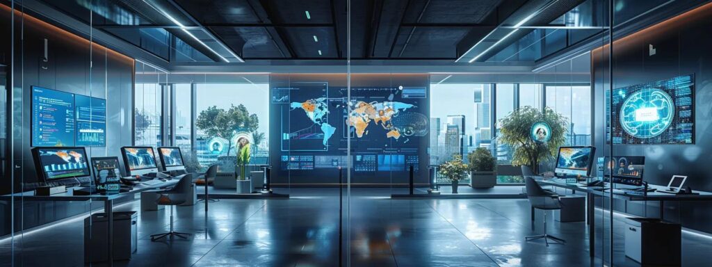 Modern workspace with multiple computer screens displaying analytics, data visualizations, and a world map, emphasizing technology and user experience enhancement for effective navigation.