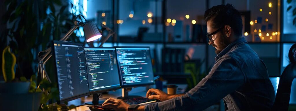 Person coding on dual monitors in a modern workspace, emphasizing mobile-first design and digital marketing strategies.