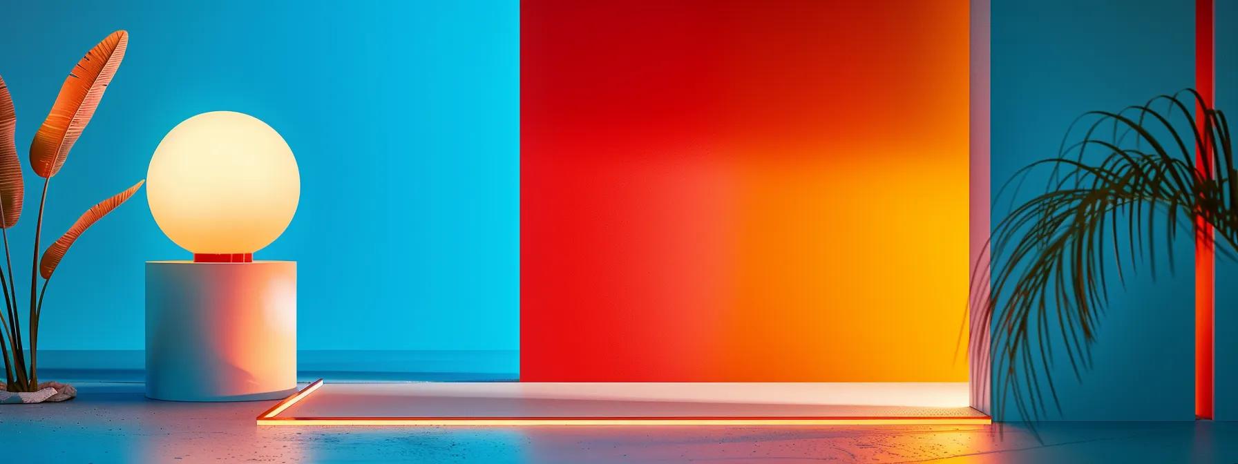 Colorful interior design featuring a round lamp, vibrant blue and red walls, and decorative plants, illustrating modern aesthetics in web design and branding.