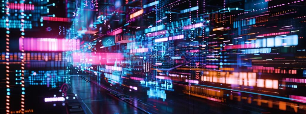 Dynamic digital landscape with vibrant, colorful data streams and patterns, symbolizing effective navigation and user experience enhancement in web design.