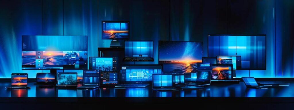 Dynamic digital landscape showcasing various devices including laptops, monitors, and tablets, illuminated with blue lighting, representing modern responsive web design and technology integration.