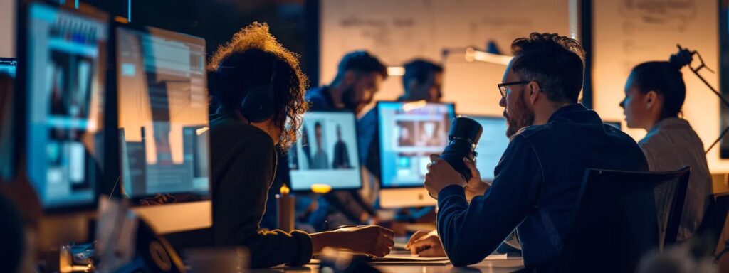 Collaborative workspace with individuals engaged in usability testing, analyzing user interactions on multiple screens, highlighting digital marketing strategies.