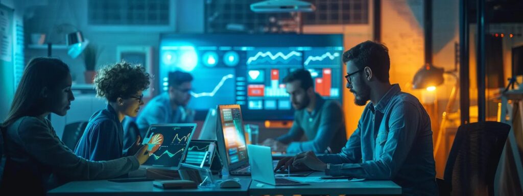 Team collaborating on website usability testing, analyzing data on multiple screens, emphasizing user experience and digital marketing strategies.