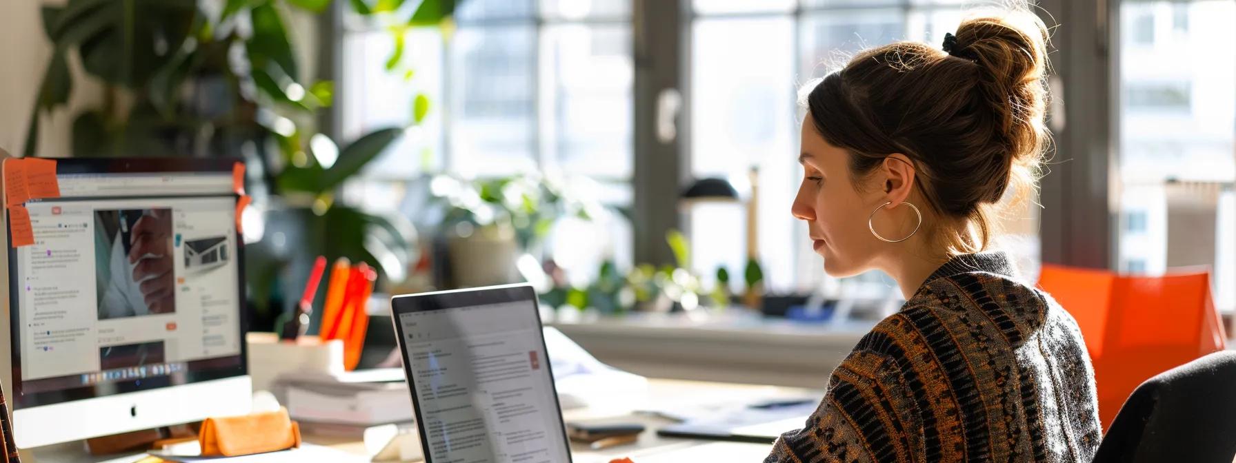 Woman working on laptop in modern office with plants, focused on web design and development tasks.
