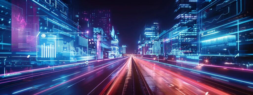 Futuristic city skyline with digital interfaces and data visualizations, illustrating the integration of technology in user experience design and modern navigation.