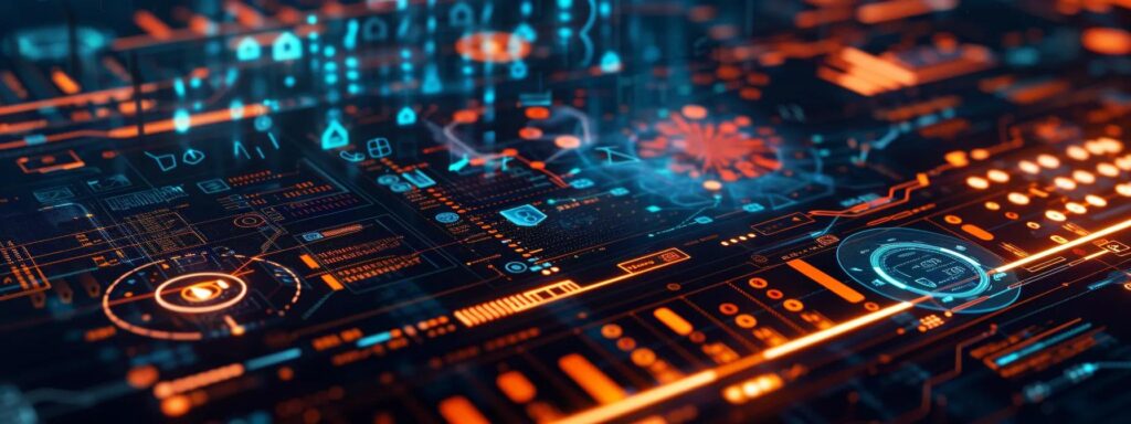 Dynamic digital interface with vibrant blue and orange elements, showcasing user-centric design features and interactive data visualizations, relevant to enhancing website user experience and conversion rate optimization strategies.