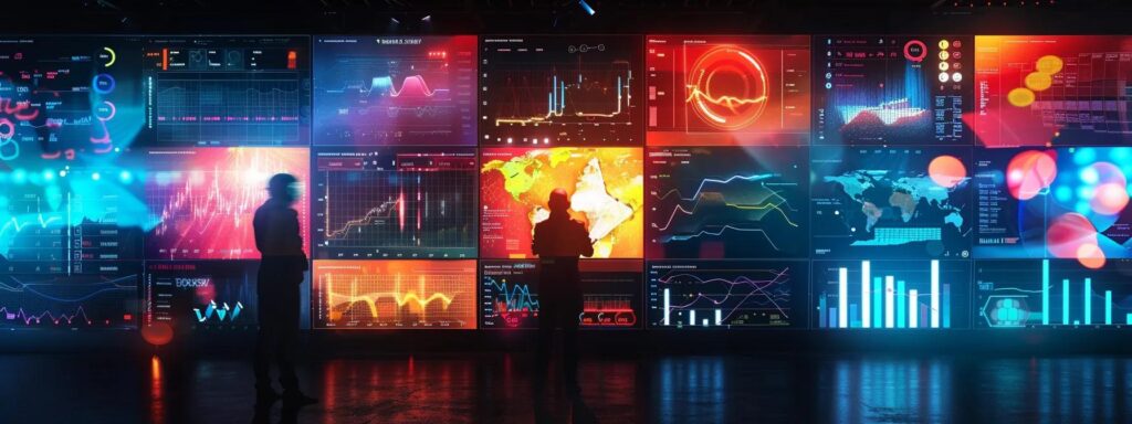 Dynamic visualization of data analytics dashboards with colorful graphs and charts, showcasing user behavior insights and engagement metrics relevant to UX design tools.