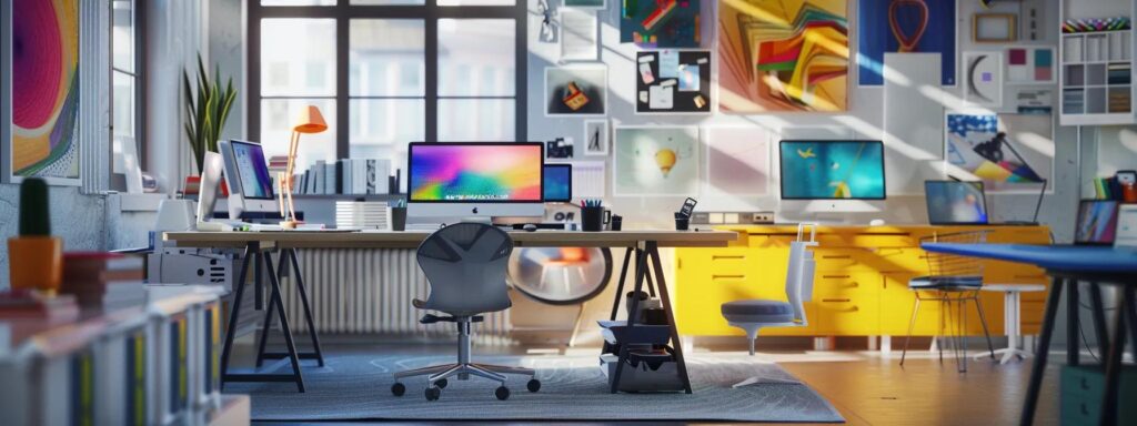Dynamic workspace featuring a modern desk with a computer, colorful artwork on walls, and vibrant decor, illustrating an ideal environment for UX design and creativity.