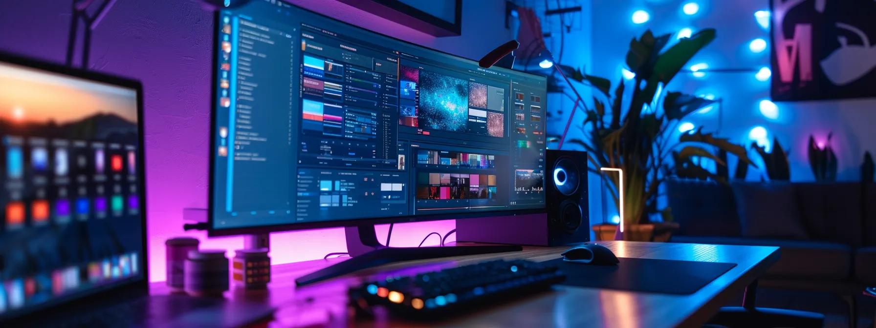 Dynamic workspace featuring dual monitors displaying digital design software, illuminated by colorful LED lights, with a keyboard and mouse on a wooden desk, reflecting a modern digital marketing environment.