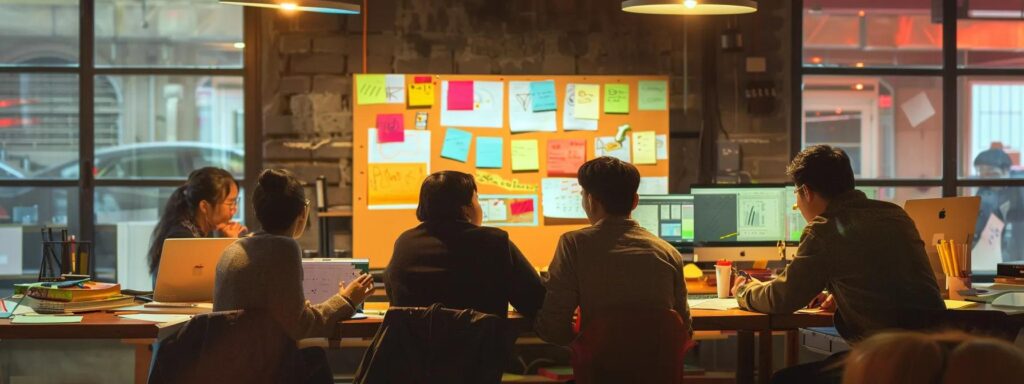 Group of diverse professionals collaborating in a modern workspace, analyzing user feedback on screens and discussing ideas, with colorful sticky notes on a wall emphasizing design strategies.