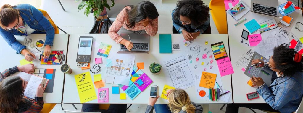 Dynamic workspace with diverse individuals collaborating on user experience design, surrounded by colorful sticky notes, digital devices, and design materials, emphasizing usability and user-centered methodologies.