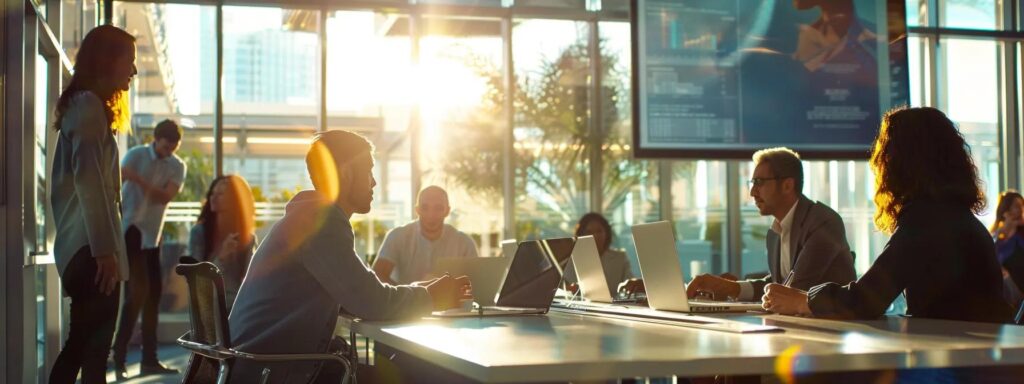 Dynamic workspace scene with diverse individuals collaborating and engaging in usability testing discussions, emphasizing user experience and digital marketing strategies.