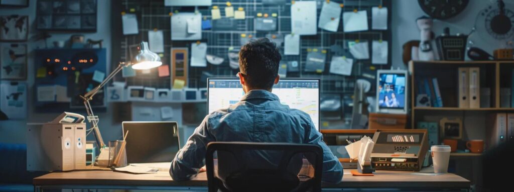 Focused designer working at a desk with a computer, surrounded by design materials and a collaborative workspace, emphasizing user experience design principles.