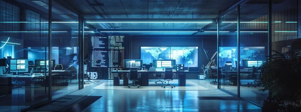 Futuristic web design studio with multiple monitors, data displays, and a modern workspace, illustrating innovations in responsive grid systems and user experience enhancement.