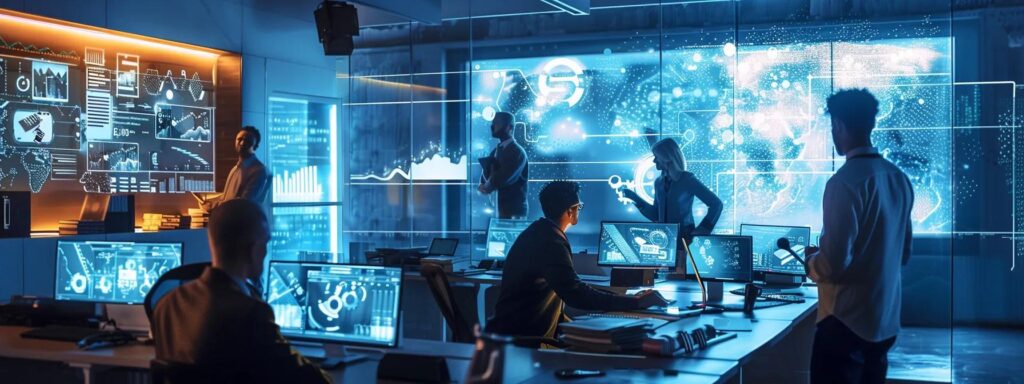 Futuristic workspace with multiple screens displaying data analytics and user experience design metrics, professionals collaborating on digital strategies in a high-tech environment.