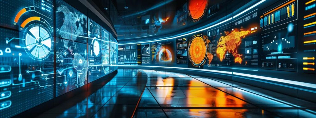 Futuristic digital interface showcasing data visualizations, interactive graphs, and global maps, emphasizing visual hierarchy and design principles in user engagement.