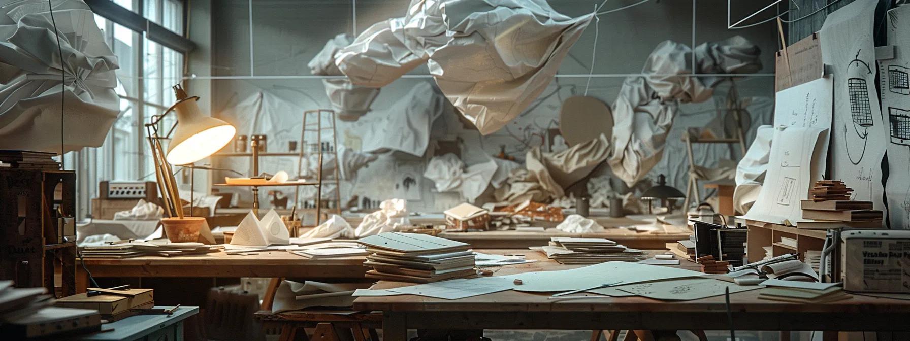 Creative workspace with scattered design materials, illuminated by a desk lamp, featuring crumpled paper and sketches, emphasizing web design and user experience themes.