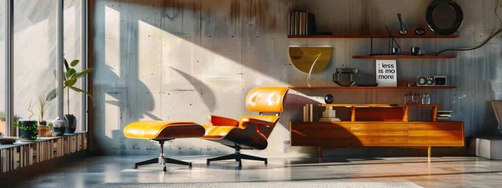 Modern minimalist interior featuring an iconic orange lounge chair, wooden shelving with decor, and natural light illuminating the space, emphasizing the principle of "less is more" in design.