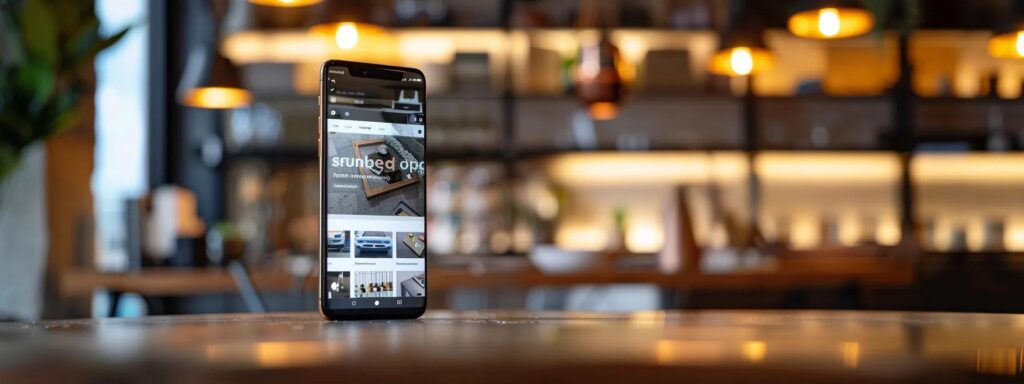 Smartphone displaying a local business website design in a modern café setting, emphasizing mobile optimization for enhanced user experience and local engagement.