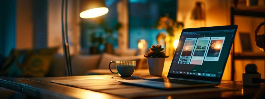 Laptop displaying web design projects in a cozy, well-lit workspace with a coffee cup and succulent plant, emphasizing modern web design trends and user experience.