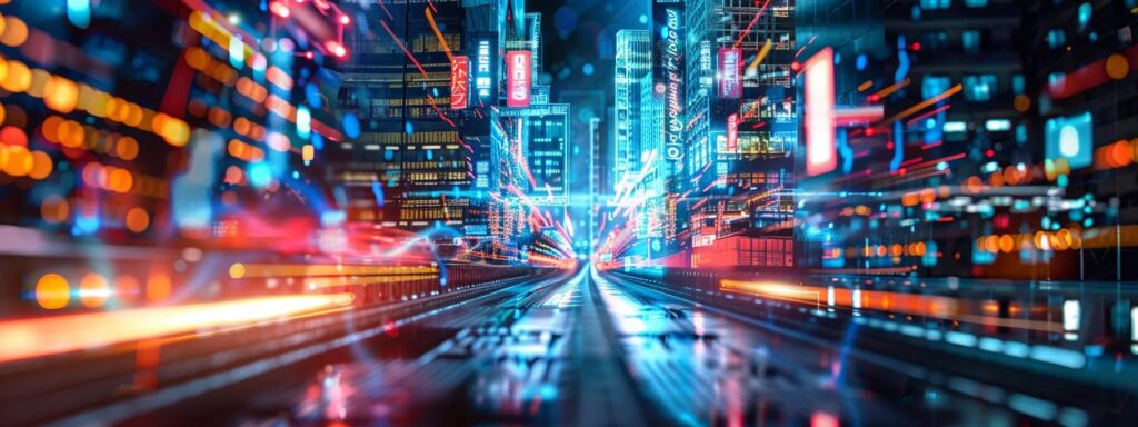 Futuristic cityscape with vibrant neon lights and dynamic motion effects, illustrating advanced user interface design concepts and engaging digital environments.