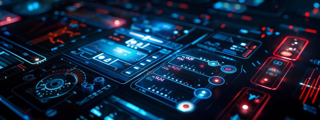 Sleek modern digital interface with vibrant blue and red elements, showcasing user interface design components, data visualizations, and interactive controls, emphasizing effective user engagement and usability.