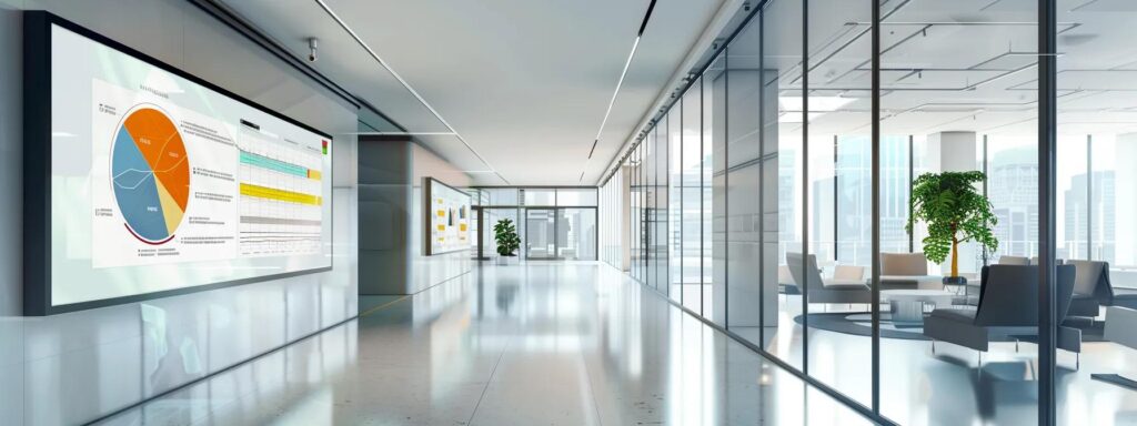 Sleek modern office environment featuring large digital displays with graphs and charts, glass walls, and contemporary seating arrangements, emphasizing responsive design and user engagement in digital marketing.