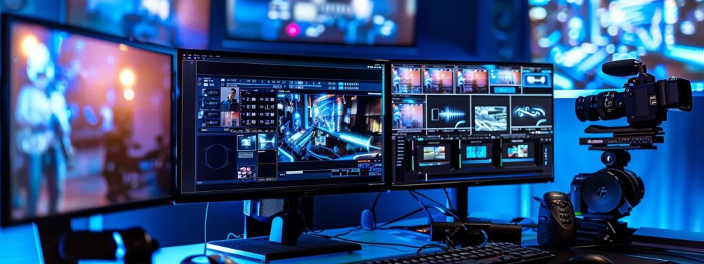 Dual monitors displaying advanced user interface design software and video editing tools in a modern digital workspace, featuring a professional camera and equipment for content creation.