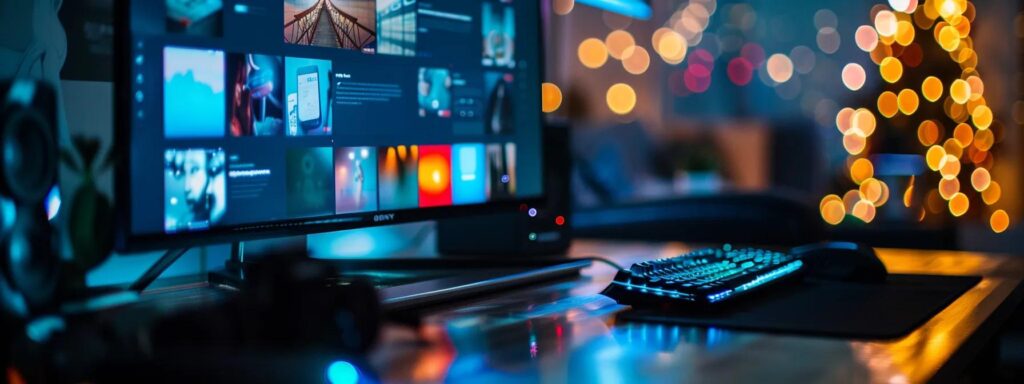 Sleek modern website interface displayed on a monitor, showcasing organized content and vibrant visuals, with a keyboard and ambient lighting, emphasizing user-centric design and effective navigation practices.