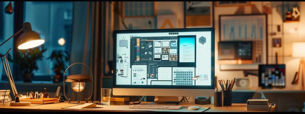 Sleek modern workspace featuring a computer monitor displaying website design frameworks, desk lamp, stationery, and a plant, emphasizing usability and design efficiency.