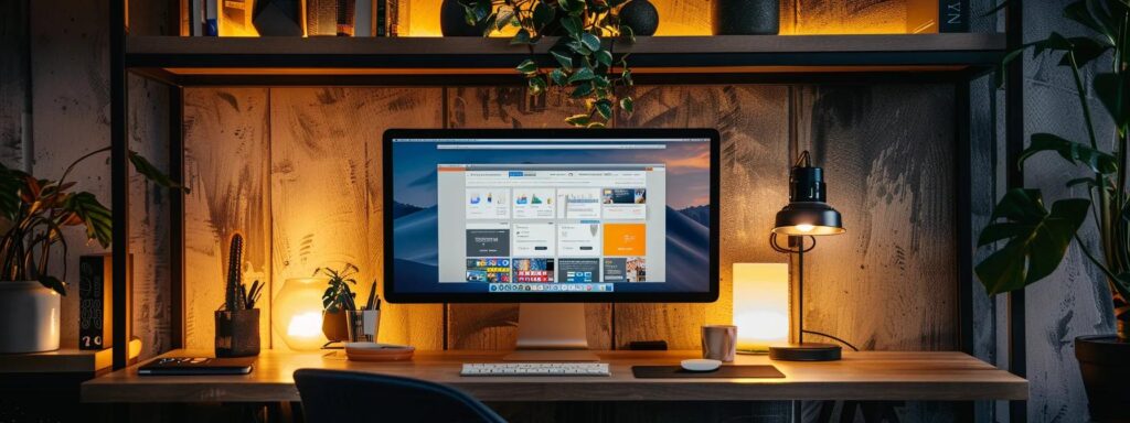 a sleek, modern workspace featuring a vibrant computer screen displaying an intuitive website interface, illuminated by soft, ambient lighting that enhances the inviting atmosphere of user-friendly design.